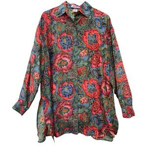 Vtg Express Silk Tunic Top Womens Medium Floral Colorful Long Sleeve Bold 90s